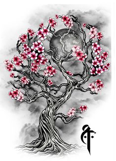 a drawing of a tree with pink flowers on it and the moon in the background