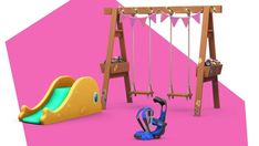 a child's play set with swings, slide and climbing frame on a pink background