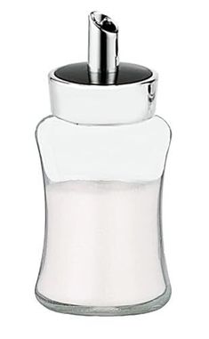 an empty glass bottle with a metal top on a white background for use as a soap dispenser