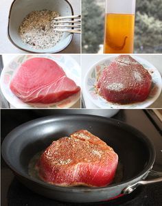 there are pictures of raw meat being cooked in a skillet