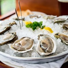 an oyster platter with ice and lemon wedges