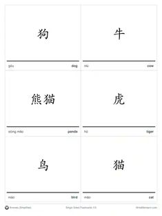 four different chinese characters with the words in english and chinese on each side of them