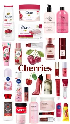 the words cherries are surrounded by many different types of cosmetics and body care products