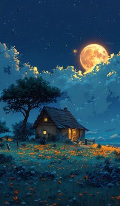 a painting of a house on a hill with the moon in the sky above it