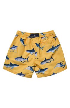 Made for splashing, these kid-size board shorts are made from a quick-drying, sun protective fabric with for an ocean-loving finish. UPF 50+ sun protection 100% polyester Machine wash, line dry Imported Playful Swim Trunks For Ocean Activities, Playful Swim Trunks With Elastic Waistband For Vacation, Playful Vacation Swim Trunks With Elastic Waistband, Playful Swim Trunks With Built-in Shorts, Summer Vacation Swim Trunks With Adjustable Waist, Adjustable Waist Swim Trunks For Summer Vacation, Summer Swimwear With Adjustable Waist For Swimming, Playful Swim Trunks With Elastic Waistband For Beach, Yellow Summer Swim Trunks With Built-in Shorts