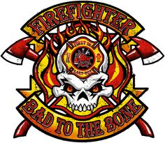 a fire department emblem with flames and skulls