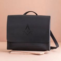 Master Mason Blue Lodge Briefcase - Black Full Grain Leather - Bricks Masons Rectangular Portable Briefcase For School, Modern Rectangular Cases For School, Portable Leather Case Functional Style, Portable Leather Cases, Portable Leather Case, Portable Leather Functional Case, Portable Leather Laptop Bag For Everyday Use, Black Laptop Bag With Cell Phone Pocket For Business, Functional Rectangular Cases For Office