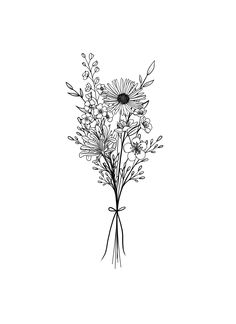 a black and white drawing of flowers on a white background