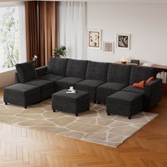 a living room with a sectional couch and ottoman