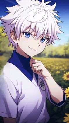 an anime character with white hair and blue eyes standing in front of sunflowers