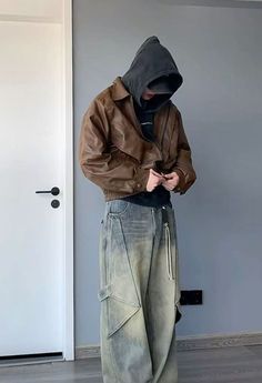 Brown Jacket Style, Brown Leather Jacket Outfit, Japanese Street Fashion Men, Outfit Streetwear, Concept Clothing, Men Stylish Dress