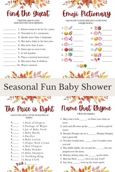 an autumn baby shower game with the words seasonal fun baby shower written in red and orange