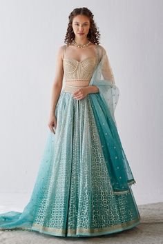 Buy Purple Lehenga And Dupatta Organza Hand Scallop Hem Work Set For Women by Vvani by Vani Vats Online at Aza Fashions. Ombre Lehenga, Foil Prints, Blue Organza, Lehenga Designs Simple, Corset Blouse