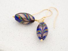 Vintage Rare Blue Glass Bead Dangle Earrings, Colorful Swirl Italian Designer Murano Glass Earrings, Multicolor Navy Gold Red Green Yellow Italian Earrings, Chunky Gold Jewelry, Navy Blue Earrings, Italian Gifts, Murano Glass Earrings, Murano Glass Jewelry, Glass Drop Earrings, Designer Handmade Jewellery, Handmade Glass Beads