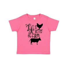 Show off your love of farming with our Life is Better on the Farm Toddler T-Shirt, featuring a chicken and cow silhouette. A toddler-soft cotton tee in look-at-me, big kid colors. 4.5 oz., 100% combed ringspun cotton. White is sewn with 100% cotton thread. Topstitched rib crew neck. Double-needle stitched sleeves and bottom hem. Shoulder-to-shoulder taping. Toddler T-Shirt. Size: 3T.  Color: Pink.  Gender: male. Cow Silhouette, Cow Boys, Farm Chicken, Tee Ideas, Papas Girl, Farm Baby, Cow Gifts, Chicken Farm, A Chicken