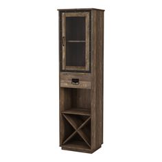 a tall wooden cabinet with glass doors and shelves on one side, an open shelf in the other