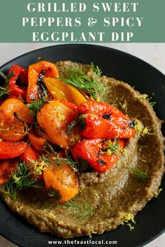 grilled sweet peppers and spicy eggplant dip on a black plate with text overlay