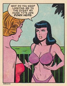 an old comic strip with two women in bikinis talking to each other and one has a speech bubble above her head