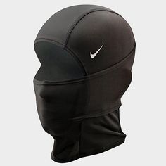 the nike face mask is black and has a white nike logo on the front side