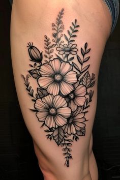 a black and white flower tattoo on the thigh