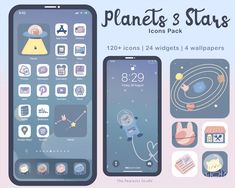 two phones with icons on them and the text planet's stars next to it