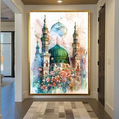 an artistic painting on the wall of a hallway with flowers and buildings in the background