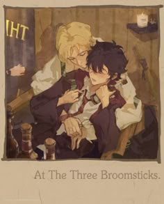 two people sitting next to each other on top of a bed with the caption at the three broomsticks