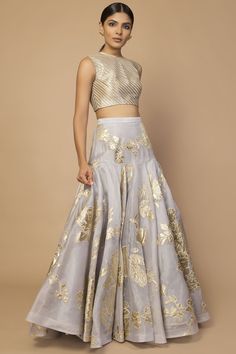 Grey lehenga with all-over floral motif work. Comes with striped blouse.
Components: 2
Fabric: Organza
Neckline: Round
Sleeve Length: Sleeveless
Color: Grey
Embroidered
Striped blouse
Drop waist lehenga
Closure: 
Blouse: Back zip - Aza Fashions Grey Lehenga, Orang India, Groomsmen Outfits, Anamika Khanna, Diana Penty, Gaun Fashion, Lehenga Skirt, Embroidered Lehenga, Sonakshi Sinha