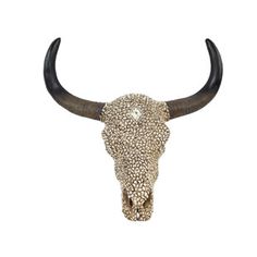 an animal's skull with long horns and beads on the front, against a white background