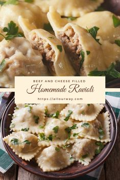 homemade ravioli with beef and cheese filling in a brown bowl on a wooden table