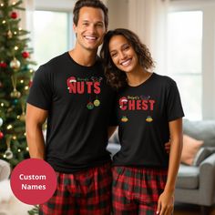 Funny Couples Christmas Chest & Nuts Pajama T-Shirt - Customizable Names Get cozy and bring the holiday laughs with our Funny Couples Christmas Chest & Nuts Pajama T-Shirt! Perfect for couples who love a good joke, this matching pajama set features the playful "Chest" and "Nuts" design, complete with festive details. "Chest" is topped with a Santa hat and two funny Christmas bells at the bottom, while "Nuts" is decorated with reindeer antlers and two traditional Christmas balls. Make your pajama t-shirt extra special by personalizing it with your names! Customize your names in 15 different DTG printing colors, while the rest of the festive design remains in classic holiday colors. In case your prefer this design on a sweatshirt we've got the same Funny Chest & Nuts Sweatshirt available in Matching Couples Pjs, Matching Pyjamas Couple, Couple Pajamas Matching, Couples Matching Pajamas, Matching Christmas Pajamas Couples, Couple Pyjamas, Funny Pjs, Matching Pajamas For Couples, Couples Christmas Pajamas