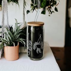 there is a jar with some plants in it on the table next to a potted plant