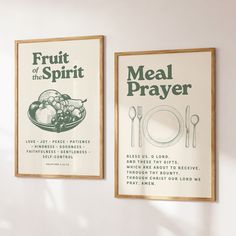 two framed posters with the words fruit of the spirit and meal prayer written on them