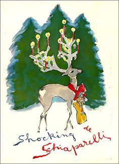 a drawing of a deer with christmas lights on it's antlers in front of a pine tree