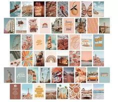 a collage of photos with different colors and designs on them, including buildings, water, clouds, rainbows, ferris wheel