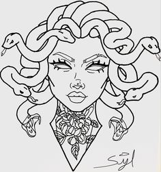 a black and white drawing of a woman with snakes on her head, wearing a suit