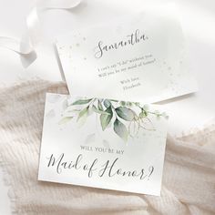 two wedding cards with the words will you be my maid of honor? on them