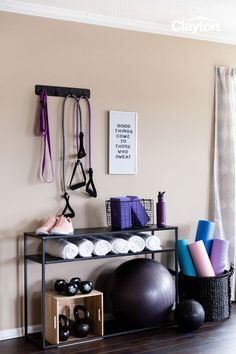 there is a shelf with some exercise equipment on it