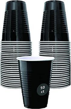 several black and white cups are stacked on top of each other, with the number 50 in front of them