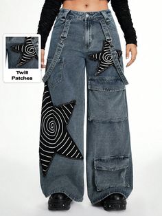 Women's Distressed Baggy Cargo Pants With Star Patches, Punk-Style Blue Casual   Denim Graphic,Letter,Textured Pattern Wide Leg Non-Stretch  Women Clothing, size features are:Bust: ,Length: ,Sleeve Length: Tops For Baggy Jeans Women, Star Patches On Jeans, Baggy Jeans With Stars, Harlem Pants Outfit, High End Streetwear Women, Newspaper Pants Outfit, Unique Pants Women, Alternative Fashion Baggy, Blue Punk Outfits