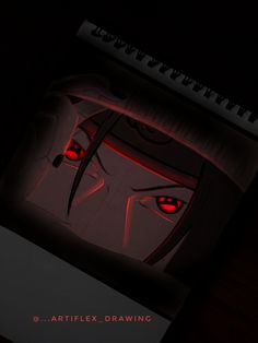 an anime character with red eyes in the dark