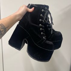 Black Velvet Demonia Platforms, Worn Once. So Cute And Comfy Edgy Black Suede Heels, Shoes Demonia, Demonia Platforms, Demonia Boots, Demonia Shoes, Black Velvet, Me Too Shoes, So Cute, Camel