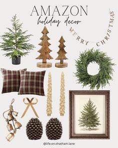 the christmas tree is surrounded by pine cones, candles and other holiday decor items in front of a sign that says amazon holiday decor