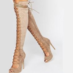 GOOSHOE Suede Lace Up Peep Toe Knee High Sandals US 5.5 | EU 36 | UK 3.5 | CN 35-Apricot Lace Thigh High Boots, Knee High Sandals, Long Black Boots, Knee High Boots Winter, Gladiator Boots, Peep Toe Boots, Buy Boots, High Sandals, Thigh Boot