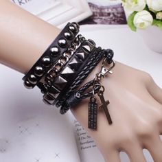 Ships Within 9-12 Days Brand New Description: Size: Length 40 Cm (Adjustable) Weight:(Approx.) 3.7oz Mens Leather Cuff Bracelets, Men Leather Bracelet, Mens Accessories Bracelet, Bracelet Easy, Gothic Bracelet, Edgy Accessories, Mens Bracelets, Jewelry Mens, Black Bracelet