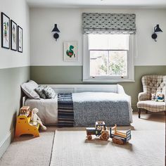 a child's bedroom with toys on the floor