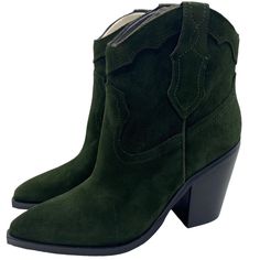 Marc Fisher Gona Bootie Brand New Without Box. The Marc Fisher Ltd Gona Western Booties Are Soon To Be Your Next Go-To Booties. Featuring A Classic Western Style Design And Mid Heel. Leather Uppers Block Heel Pull On Style Size: 6.5 Heel Height: 3.74"" Green Heels For Workwear In Fall, Green Closed Toe Boots For Fall, Green Closed-toe Boots For Fall, Suede Lined Ankle Boot Heels For Fall, Fall Green Heeled Boots With Reinforced Heel, Green Suede Spring Boots, Green Ankle Booties For Fall, Green Suede Boots For Spring, Casual High Heeled Boots With Suede Lining