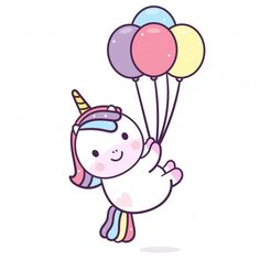 a little unicorn flying with balloons in the air and wearing a hat on its head