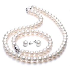 "CLASSIC DESIGN Pearl Necklace. Material: freshwater cultured pearl+18k gold plated sterling silver pea clasp; Pearl dimension:Necklace:7.5-8.5mm Earrings:10-10.5mm; Necklace length: 18\"; Bracelet length: 7.4\" VIKI LYNN PEARL JEWELLERY SETS uses only sophisticated, hand picked white cultured freshwater pearls, ensuring the luster, quality, color and cleanliness of the pearls fully represent the finest work in our jewelry selection, so the special one who wears them, shines ever so elegantly. T For Girlfriend, Pearl Necklace Designs, Pearl Necklace Set, For Him, Pearl Jewelry Sets, Pearl Jewelry Necklace, For Her, Cultured Pearl Necklace, Women's Jewelry Sets