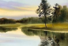 a painting of a lake with trees in the background